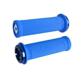 ODI Ruffian Mini BMX lock-on grips with v2.1 single-clamp system, 110mm length, installed on a bike handlebar.