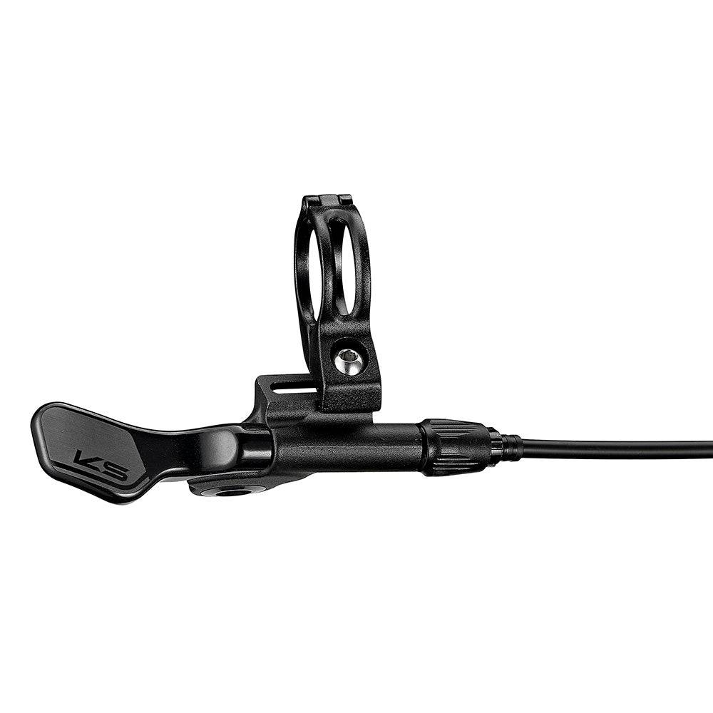 KS Suspension Southpaw-Alloy universal underbar remote dropper lever for Shimano I-Spec II, shown on a mountain bike handlebar.