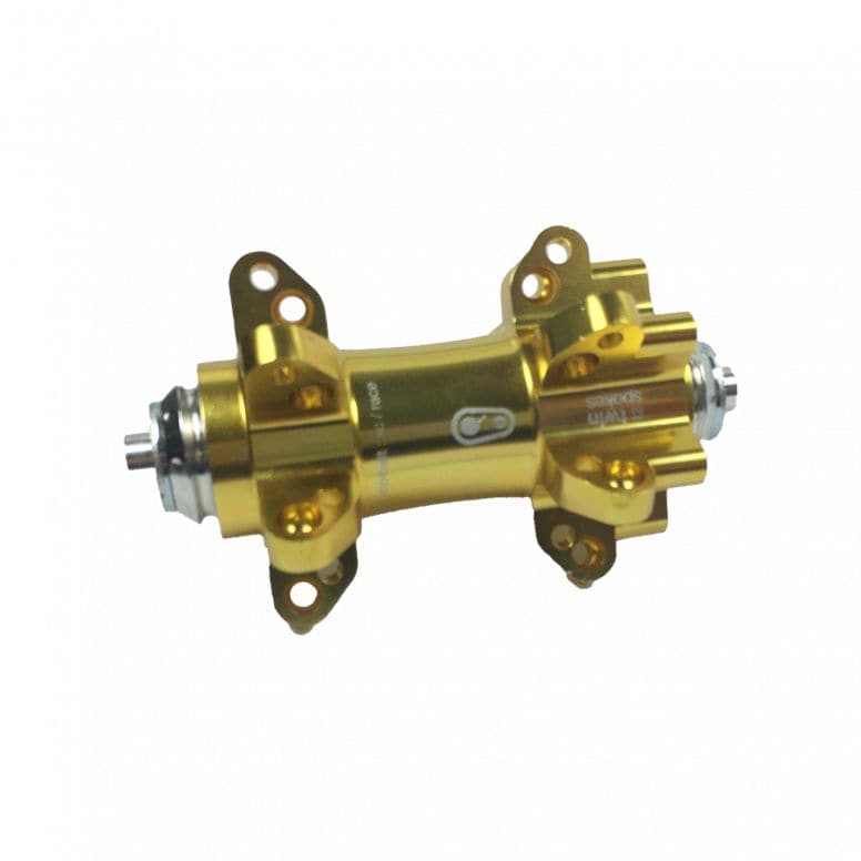 Crankbrothers Cobalt front bike wheel hub in gold and grey, showcasing durable components for mountain or road cycling.