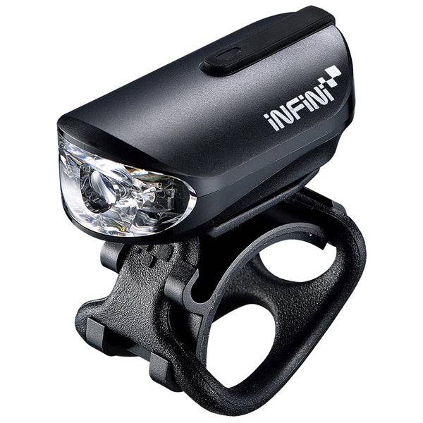 Infini Olley 100 Lumen rechargeable front bike light with Micro USB, QR bracket, black color, mounted on a bicycle.