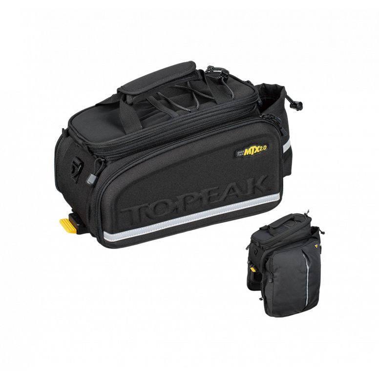 Topeak MTX TrunkBag DXP black expandable bike rack bag with pannier 2.0, showing the spacious, weather-resistant design for cycling accessories.