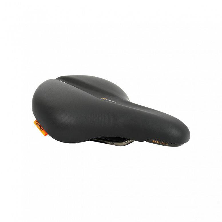 Selle Royal Explora black bike saddle with Royalgel® comfort and ICS system, designed for relaxed riding and enhanced support.