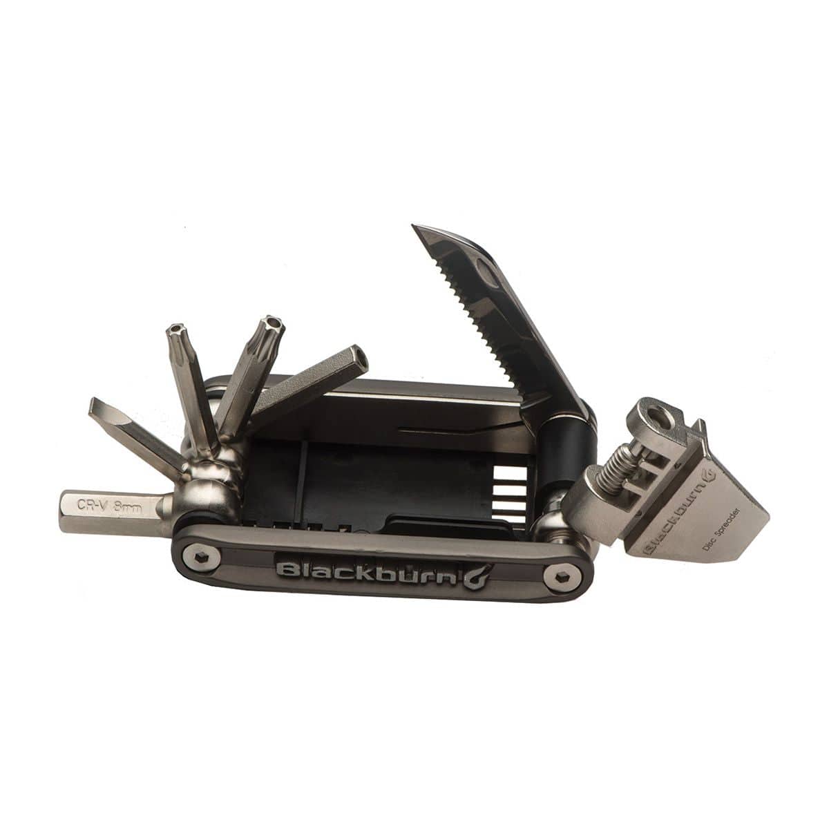Blackburn Wayside 19-Function Bike Repair Multi Tool with various screwdrivers, hex wrenches, and other tools for bike maintenance.