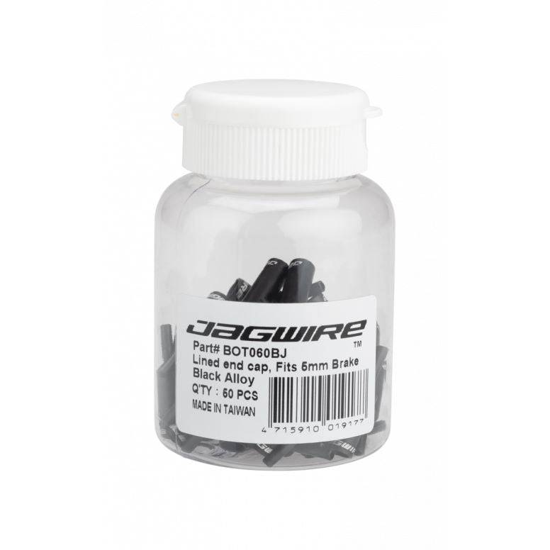 Jagwire Alloy Black Lined End Caps for 5mm brake cables, set of 50, preventing cable fraying and providing protection.
