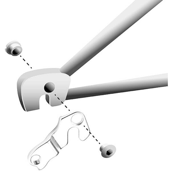M Part Gear Hanger for bike frame protection and replacement, durable steel component with mounting hardware, ideal for bike repairs.