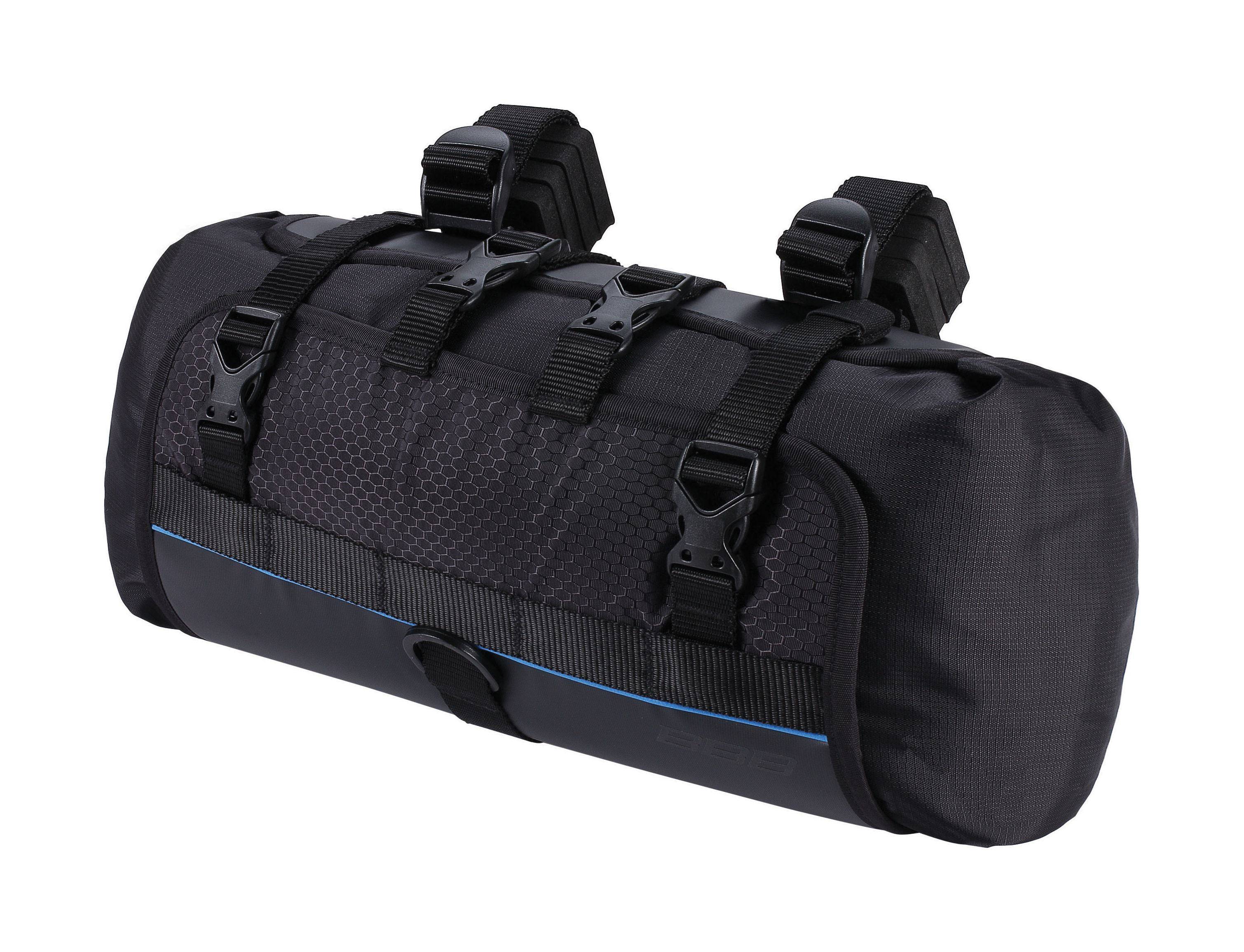 Black BBB BSB-141 front handlebar bag for cycling, weatherproof 10L accessory with adjustable straps and compact design.
