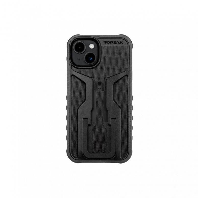 Topeak RideCase Black iPhone 14 case with adjustable bike mount and flipstand, designed for cycling accessories.