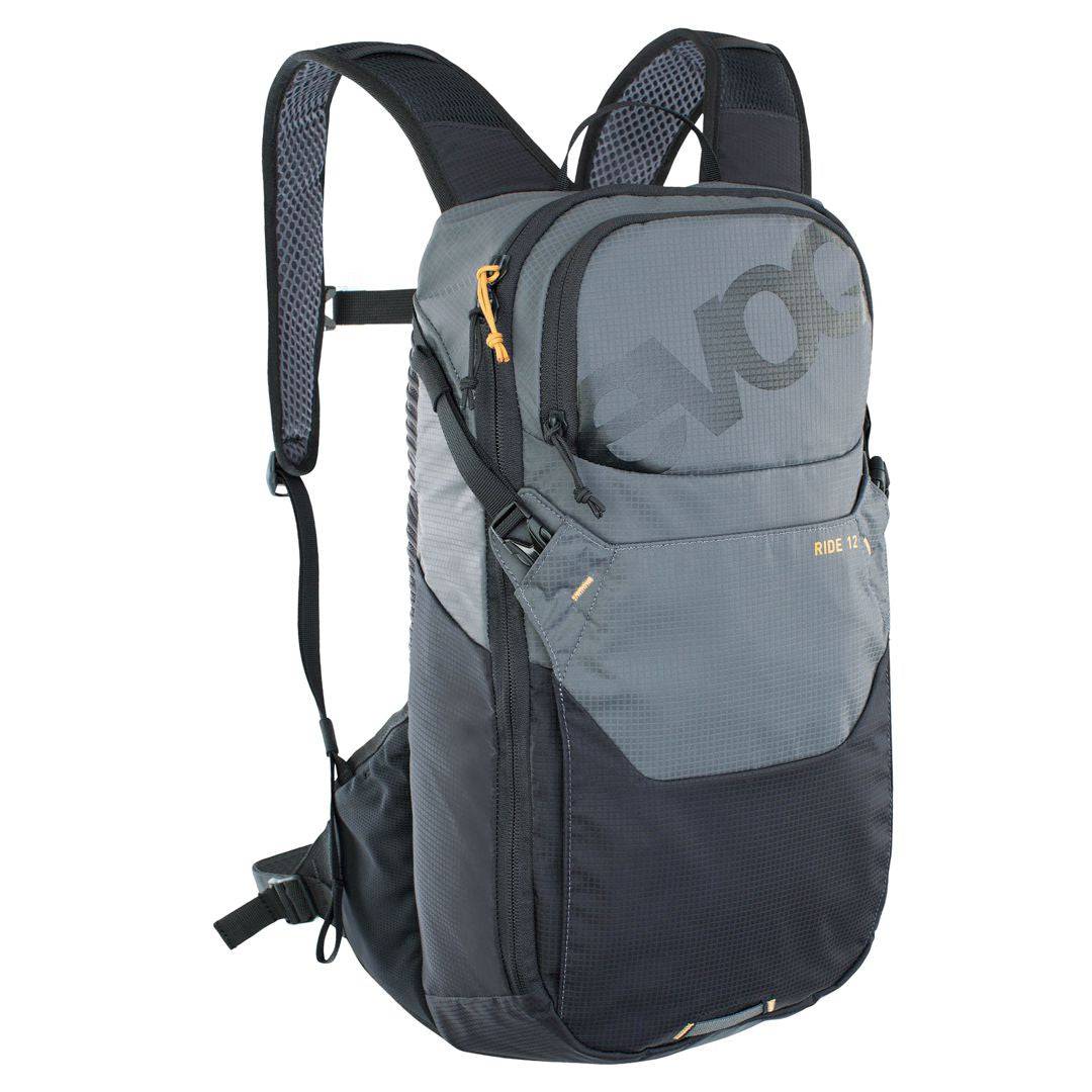 EVOC Ride Performance 12L backpack with 2L hydration bladder, designed for cycling and daily use, shown with straps and hydration system.