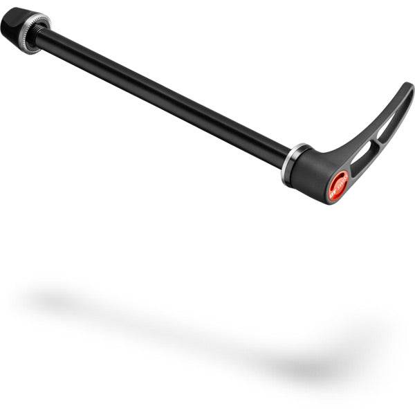 DT Swiss RWS front thru-axle for disc brake bikes, 9x100mm aluminum component, shown with quick-release mechanism.