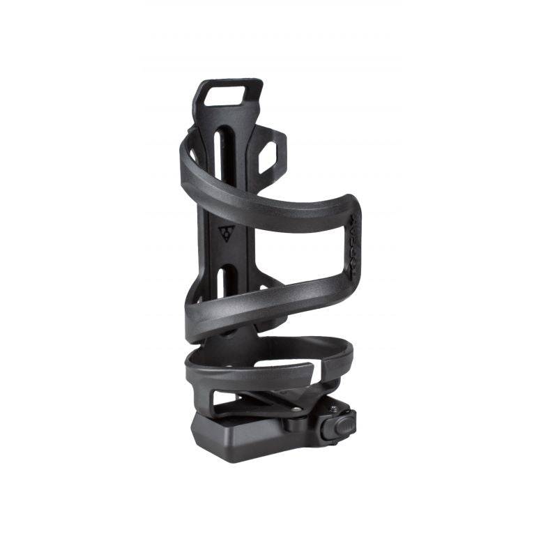 Topeak Dualside Cage Pro bike bottle cage with toolbox in black, reversible design with integrated tool kit for cycling accessories.