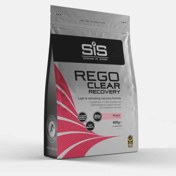 Science In Sport Rego Clear whey protein drink in a transparent bottle, showing the low sugar recovery supplement for post-workout nutrition.