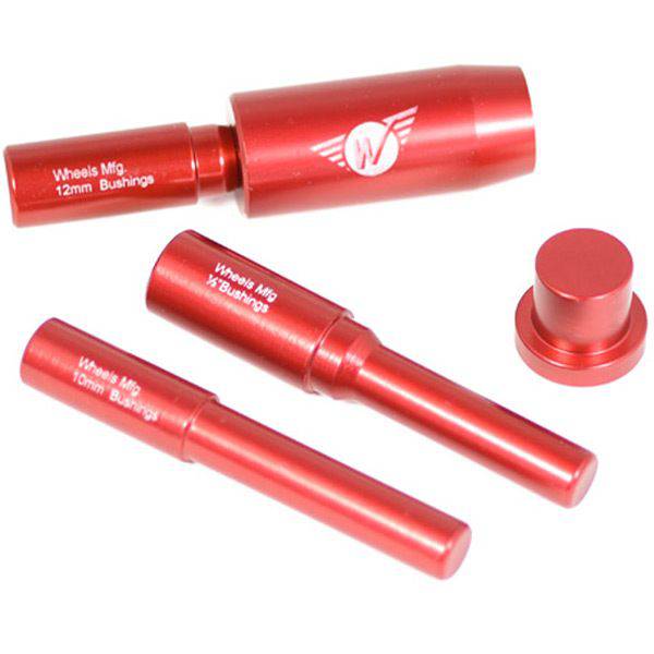 Wheels Manufacturing workshop bushing installation and removal tool with multi-size eyelet set for bike maintenance and repair.