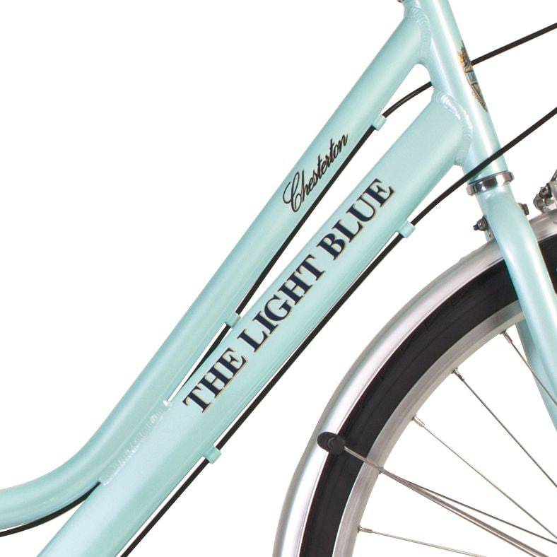 Light Blue Chesterton 7-speed city hybrid bike with step-thru frame, ideal for urban commuting and versatile city riding.