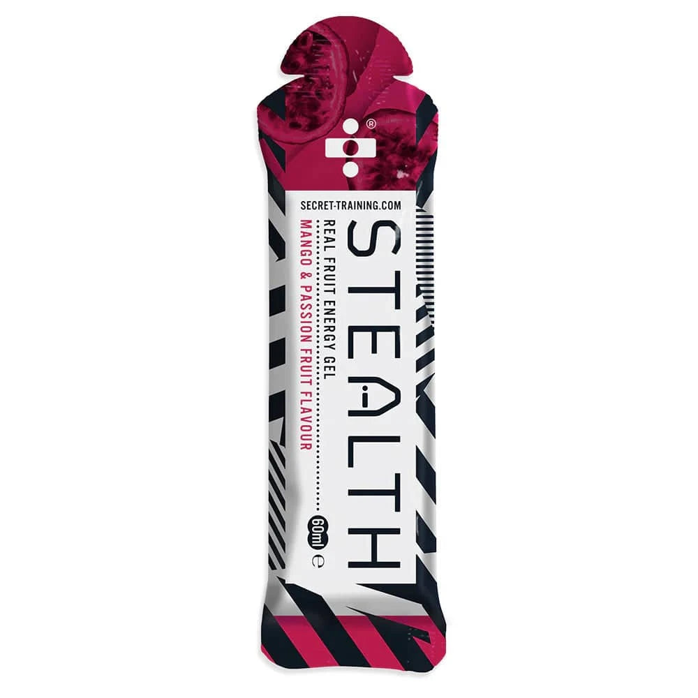 Stealth Real Fruit Mango Energy Gel 60ml single sachet, natural vegan energy boost, portable accessory for active lifestyles.