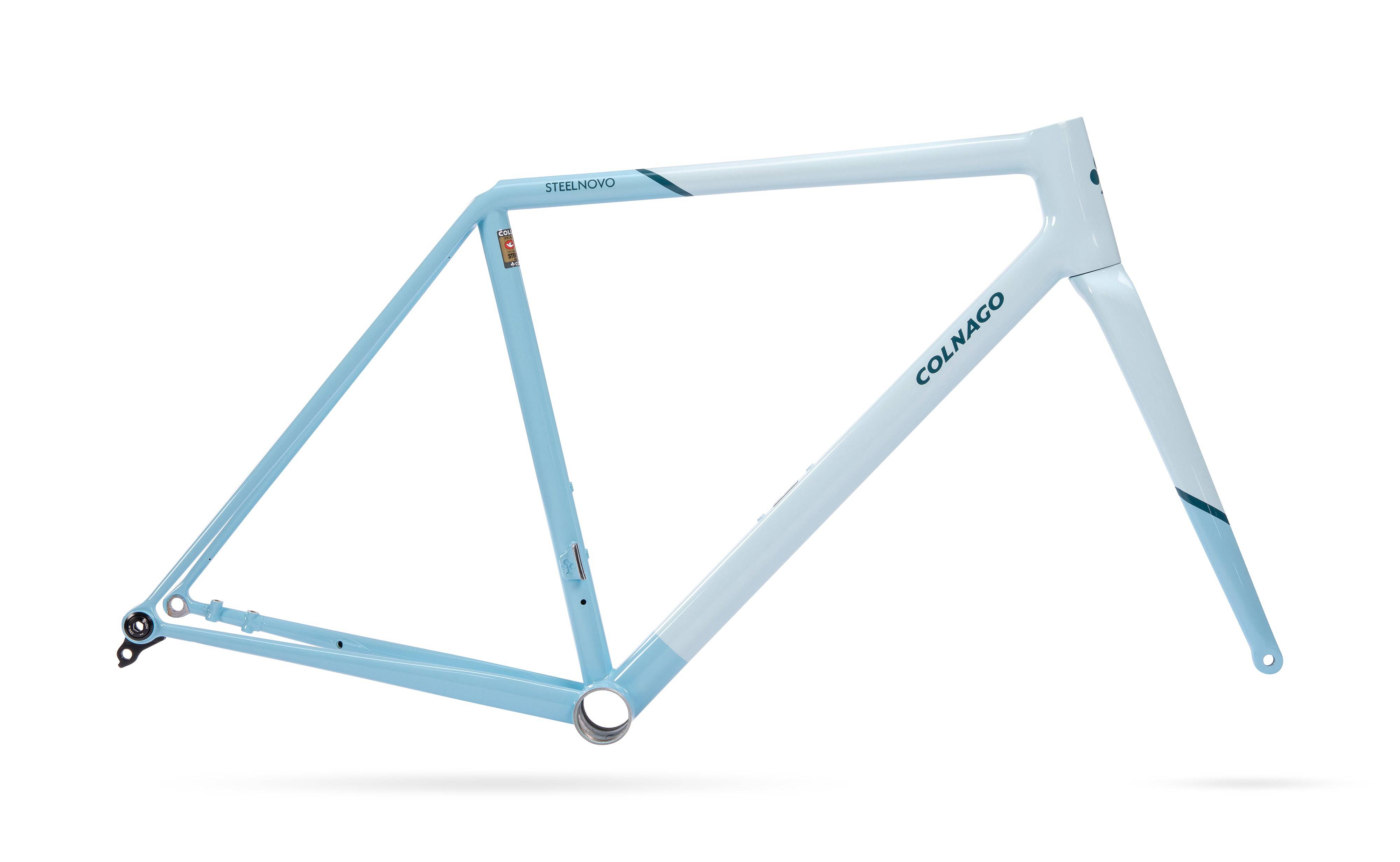 Colnago Steelnovo Steel Road Bike Frame Set with integrated cables and 3D-printed lugs, shown in studio image.