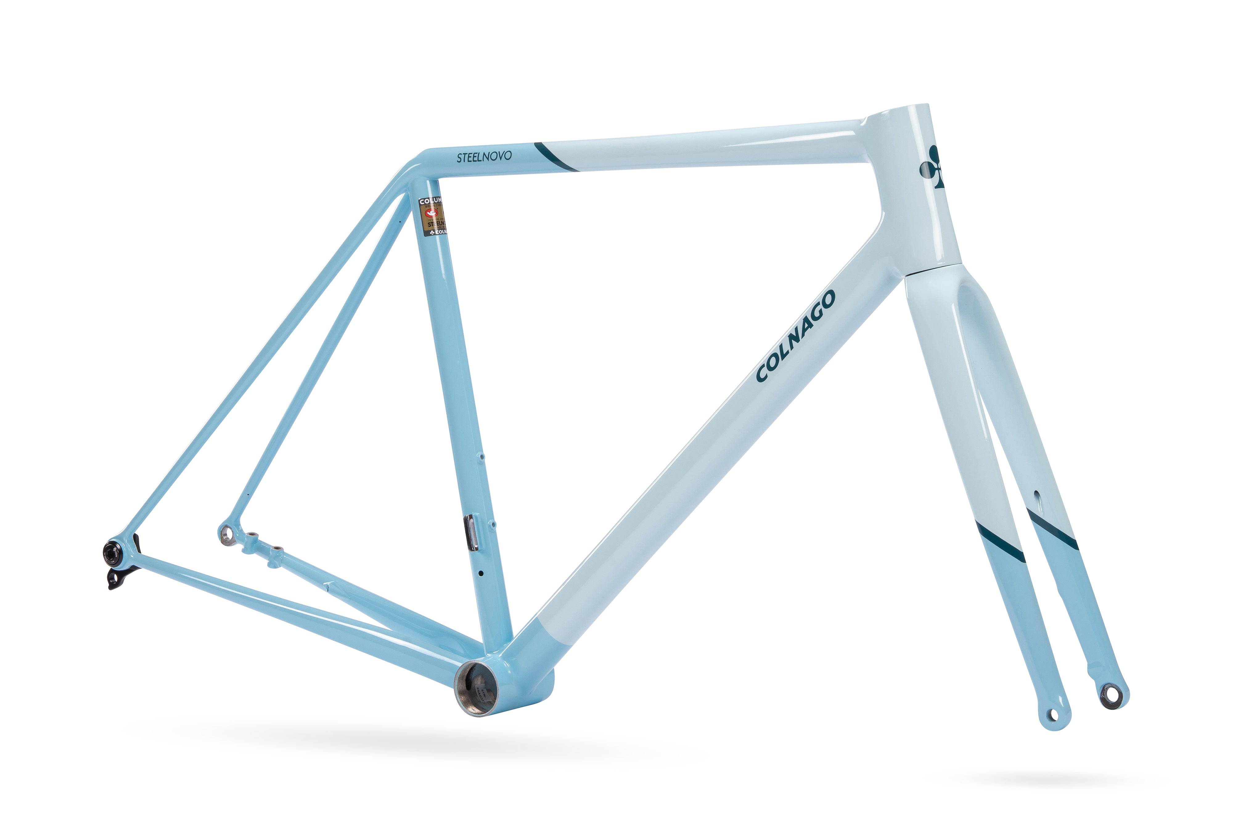 Colnago Steelnovo steel road bike frame set with integrated cables and 3D-printed lugs, shown in a studio setting.