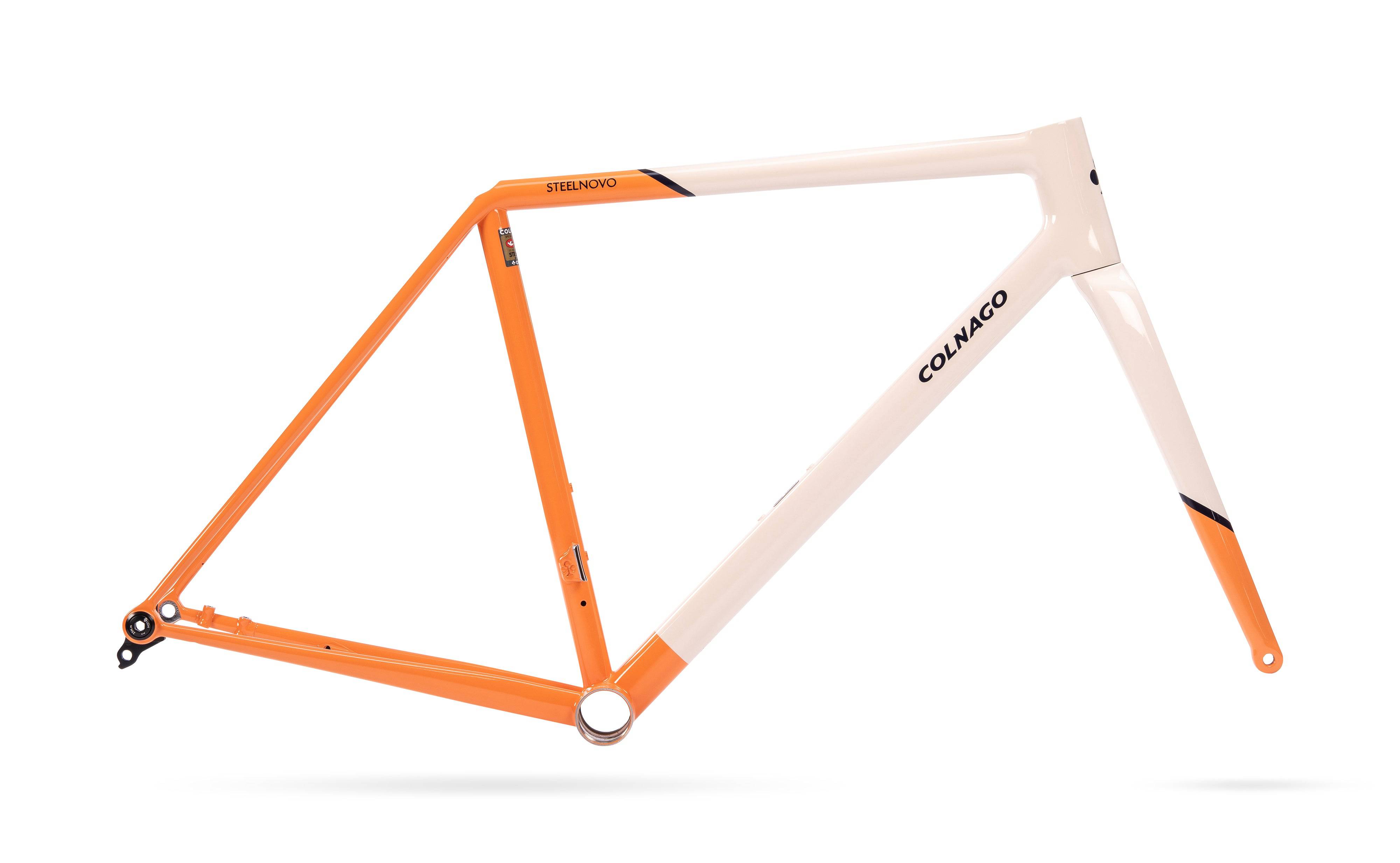 Colnago Steelnovo steel road bike frame set with integrated cables and 3D-printed lugs, shown in a sleek, modern design.
