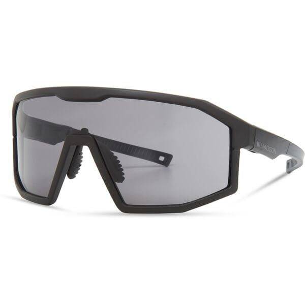 Madison Eyewear Enigma matte black sunglasses with three lenses including black mirror, amber, and clear options, showcasing different styles