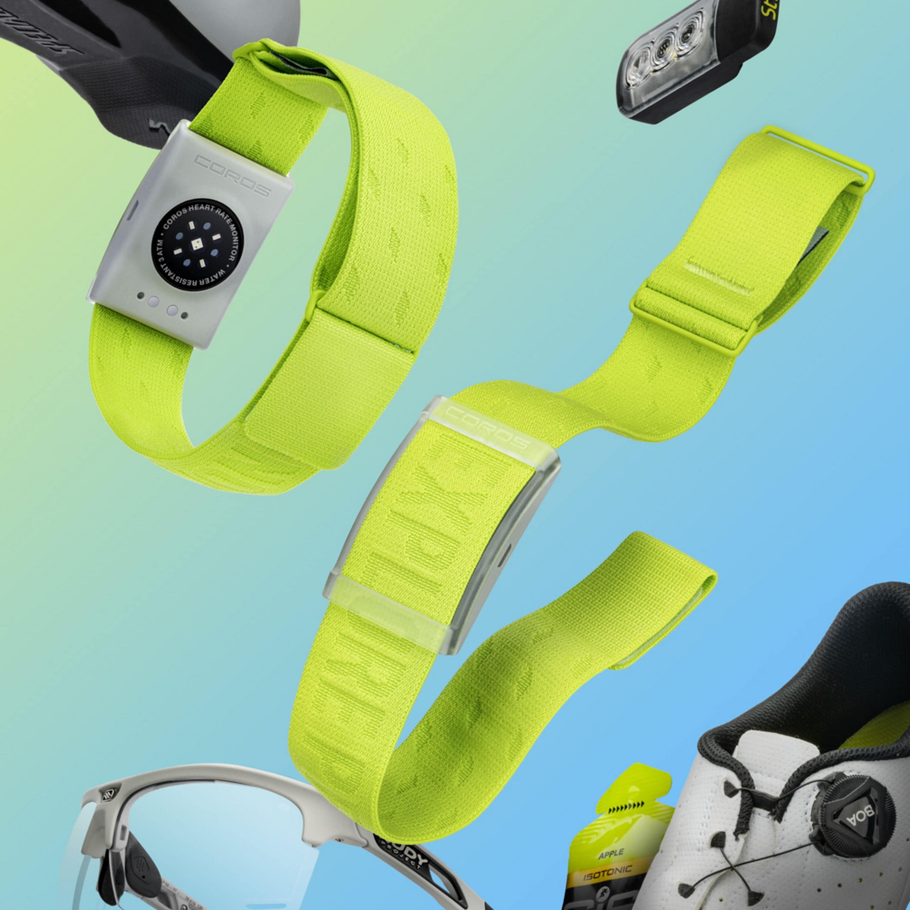 Coros Heart Rate Monitor arm band with Bluetooth, showing a sleek black design and a digital display for fitness tracking.