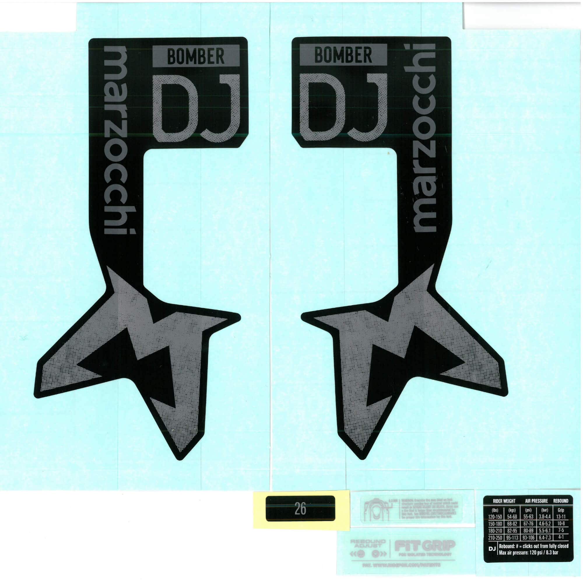 Marzocchi Fork Bomber Dj Decal Kit: Neutral Gloss Black Logo Shiny Black 2024 Spares & Accesories | Swinnerton Cycles