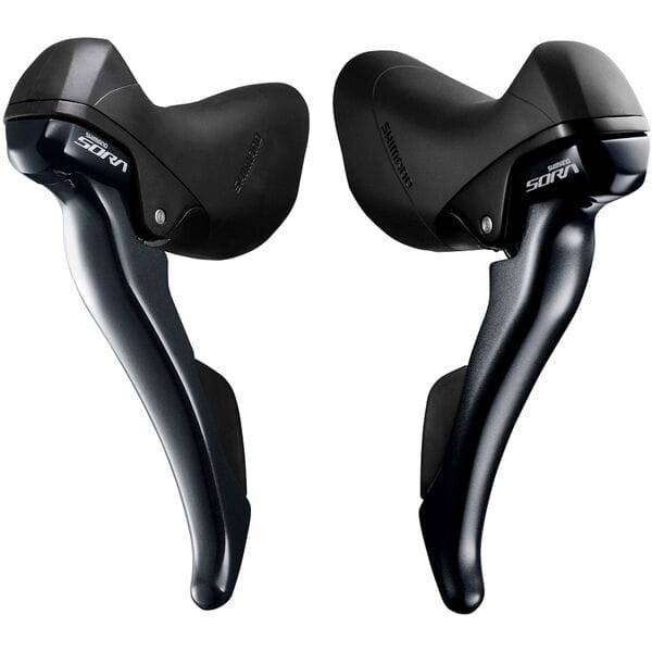 Shimano Sora ST-R3000 9-speed road bike STI lever set with adjustable reach, shown with levers and brake hoods.
