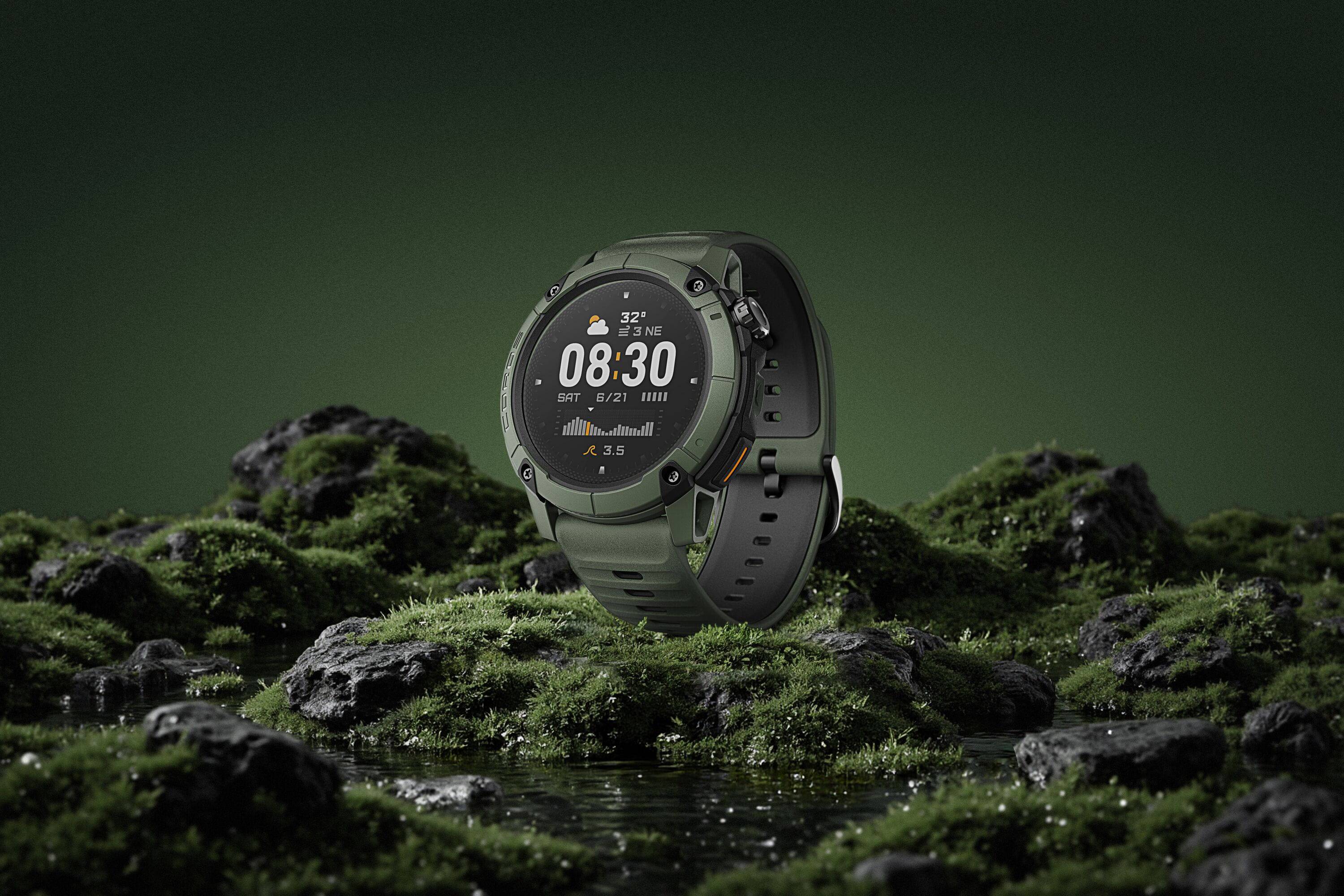 Coros NOMAD outdoor GPS watch with adventure journal and 40+ sport modes, shown in a studio green background.