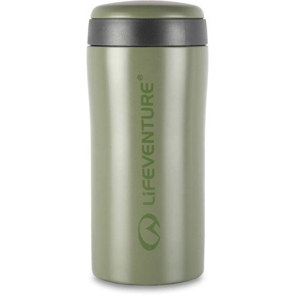 Lifeventure 300ml matte khaki thermal mug with vacuum insulation and leak-proof lid, designed for hot and cold beverages.