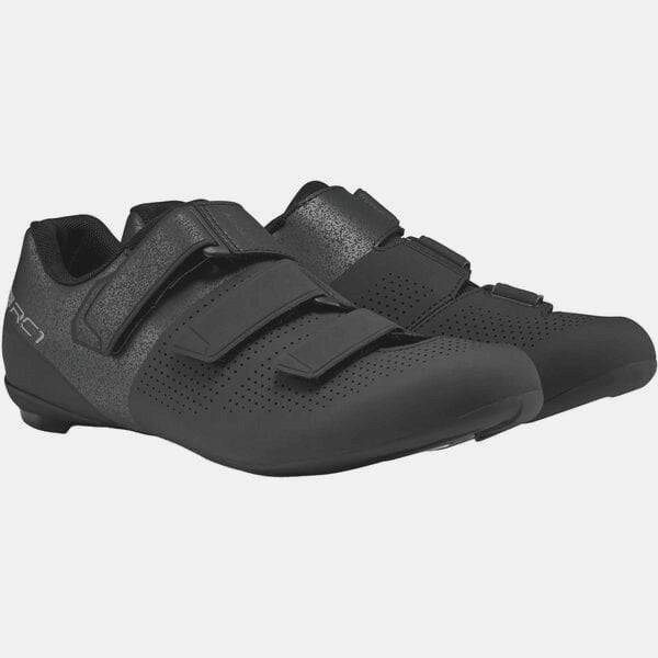 Shimano RC1W women's road cycling shoes with reflective safety features, showcasing black design and secure closure straps.