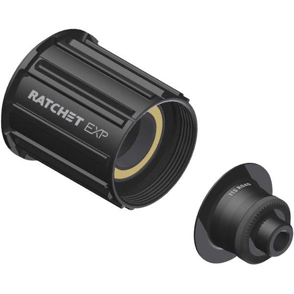 DT Swiss Ratchet EXP freehub conversion kit for Shimano 11-speed road bikes, featuring quick-release 130/135mm QR axle components.