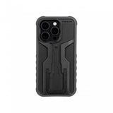 Topeak iPhone 15 Pro Ridecase in black with adjustable stand, protective smartphone accessory with rugged design