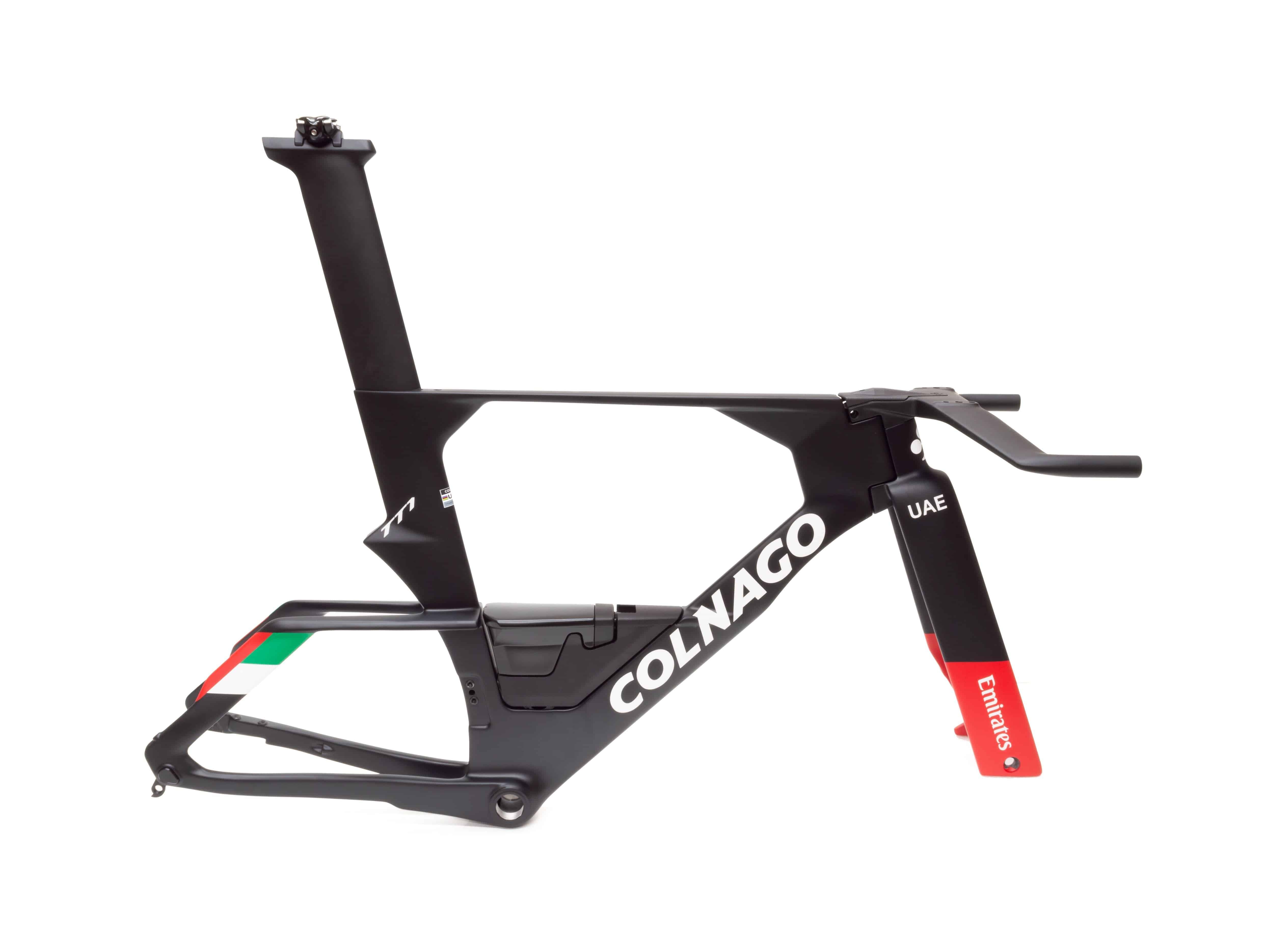 Colnago TT1 Carbon Time Trial frameset with disc brakes, aerodynamic design for competitive cycling, shown with bike components.