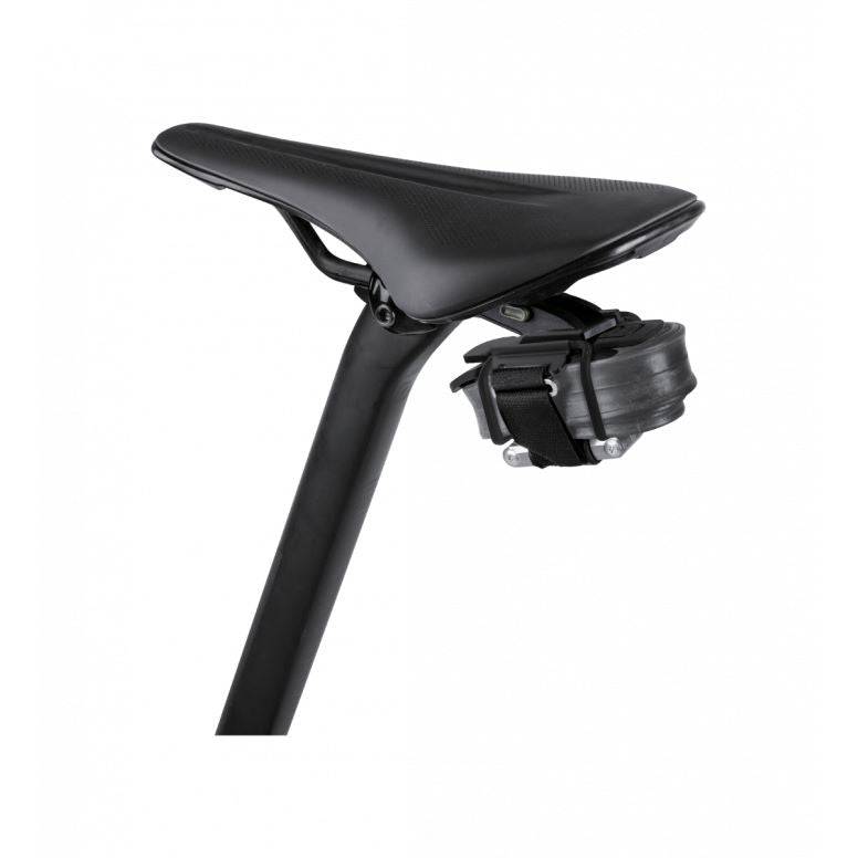 Topeak Free Pack Duo Fixer bike saddle bag with mounting straps and tyre levers in black, designed for cycling accessories.