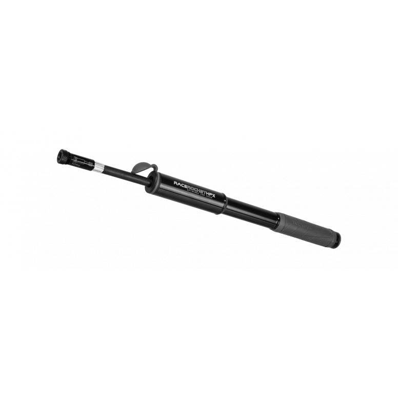 Topeak Race Rocket HPX bike pump in black, high-pressure tire inflator with pressure gauge, suitable for road and mountain bike tires.