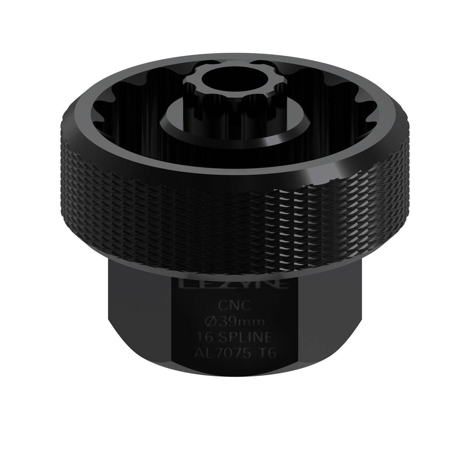 Lezyne CNC alloy bottom bracket tool in black with Shimano cap and hex compatibility for bike workshop maintenance.