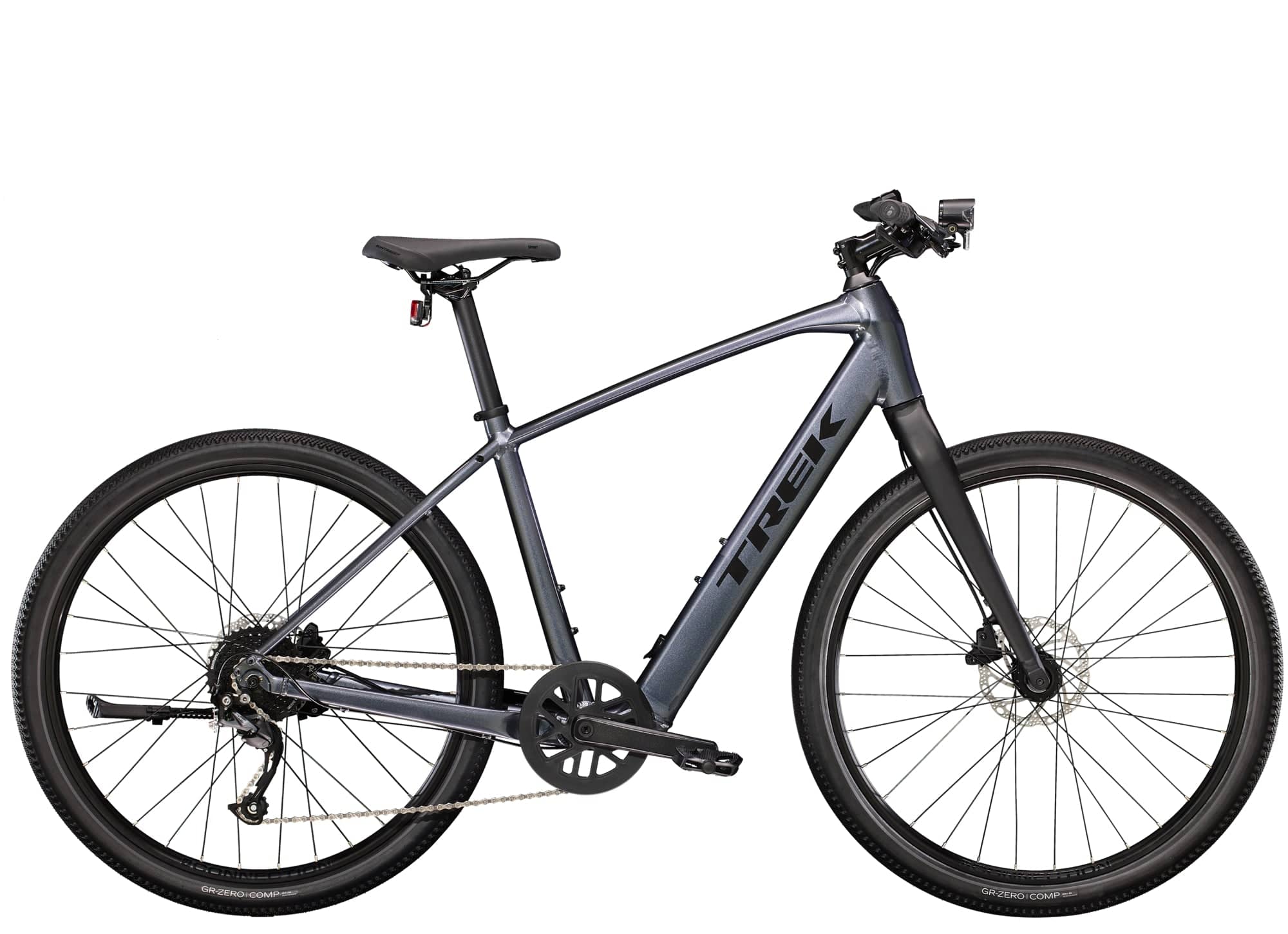 Trek Dual Sport+ 2 e-hybrid bike with HyDrive pedal assist and versatile accessories, shown with sleek frame and bike components.