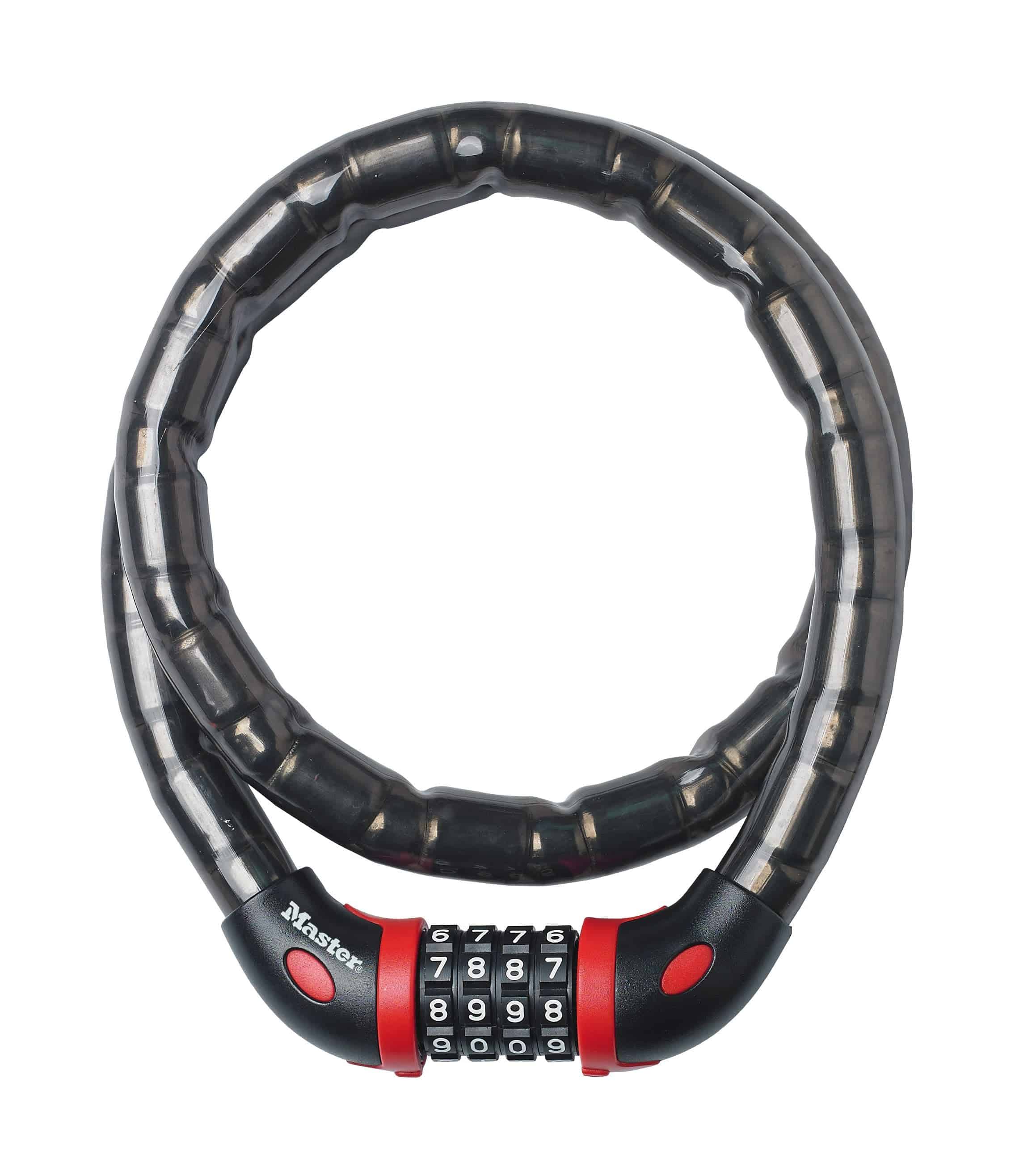 Master Lock armoured cable combination lock with 4-dial settable code, 18mm diameter, 1 meter length, for security accessories.