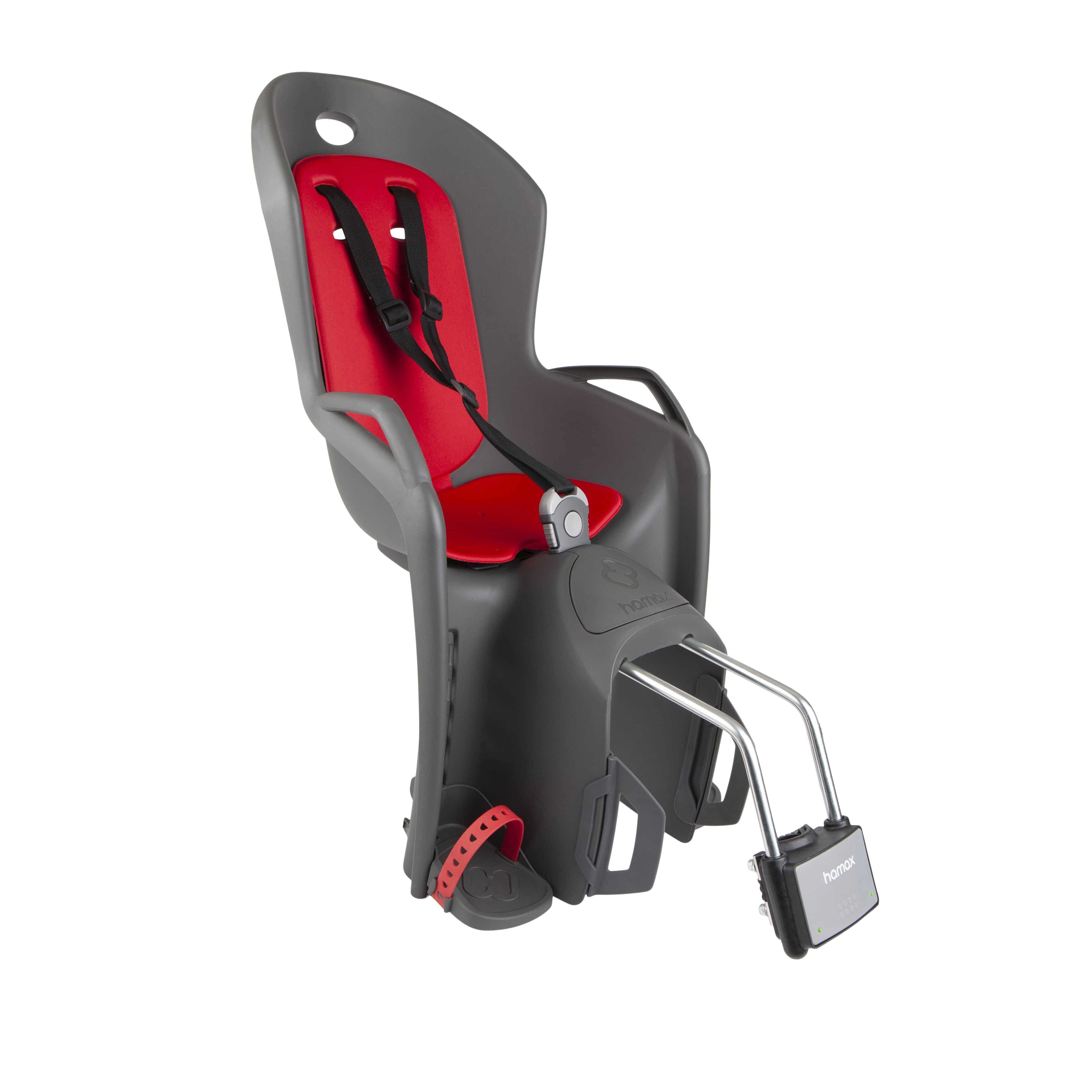 Hamax Amiga child bike seat with suspension, reflectors, and quick-release mounts, designed for safe and comfortable riding.