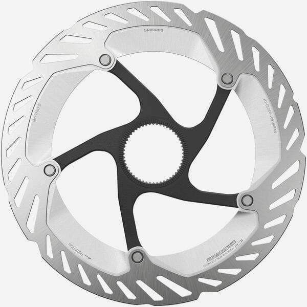 Shimano Deore XT RT-CL800 Ice Tech FREEZA 180mm center lock brake rotor with ventilated cooling fins and durable metal surface.