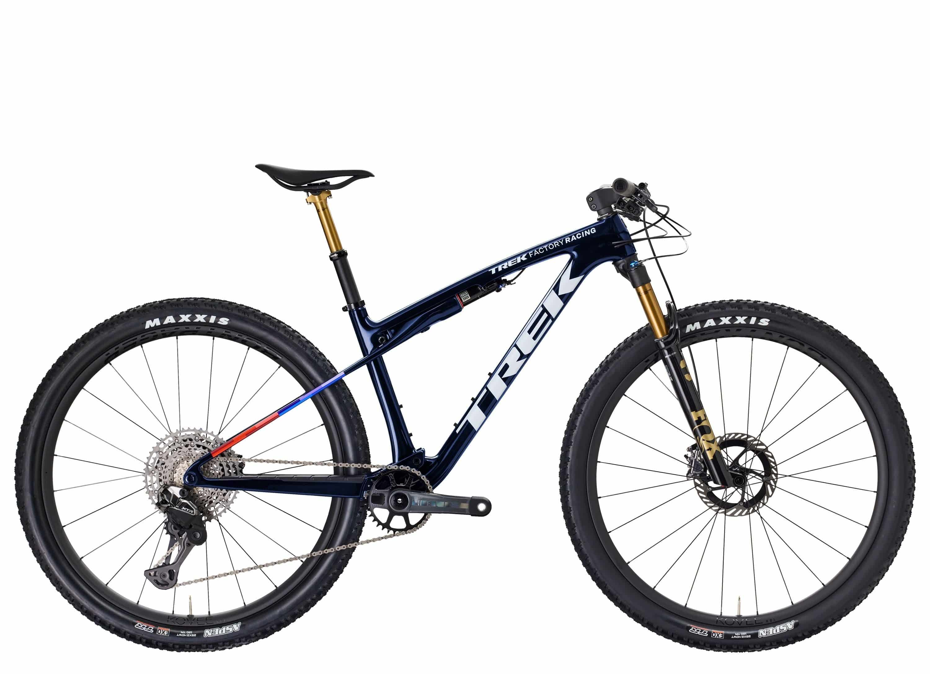 Trek Supercaliber SLR 9.9 XTR Di2 Gen 2 mountain bike with IsoStrut rear suspension and sleek frame design.