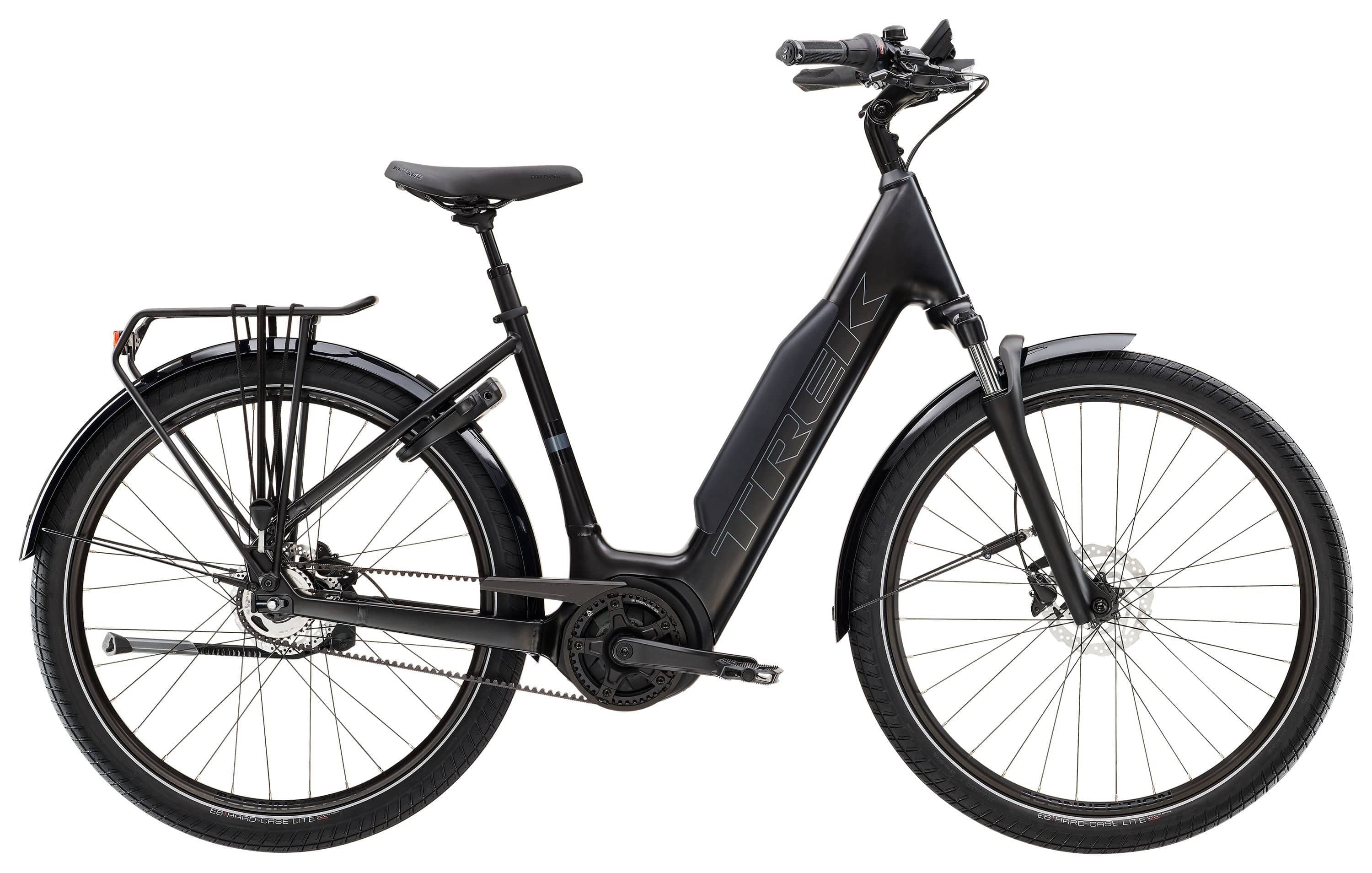 Trek District+ 4 Coaster Belt Lowstep e-bike with Bosch Smart System and Gates Belt Drive, shown from side view.
