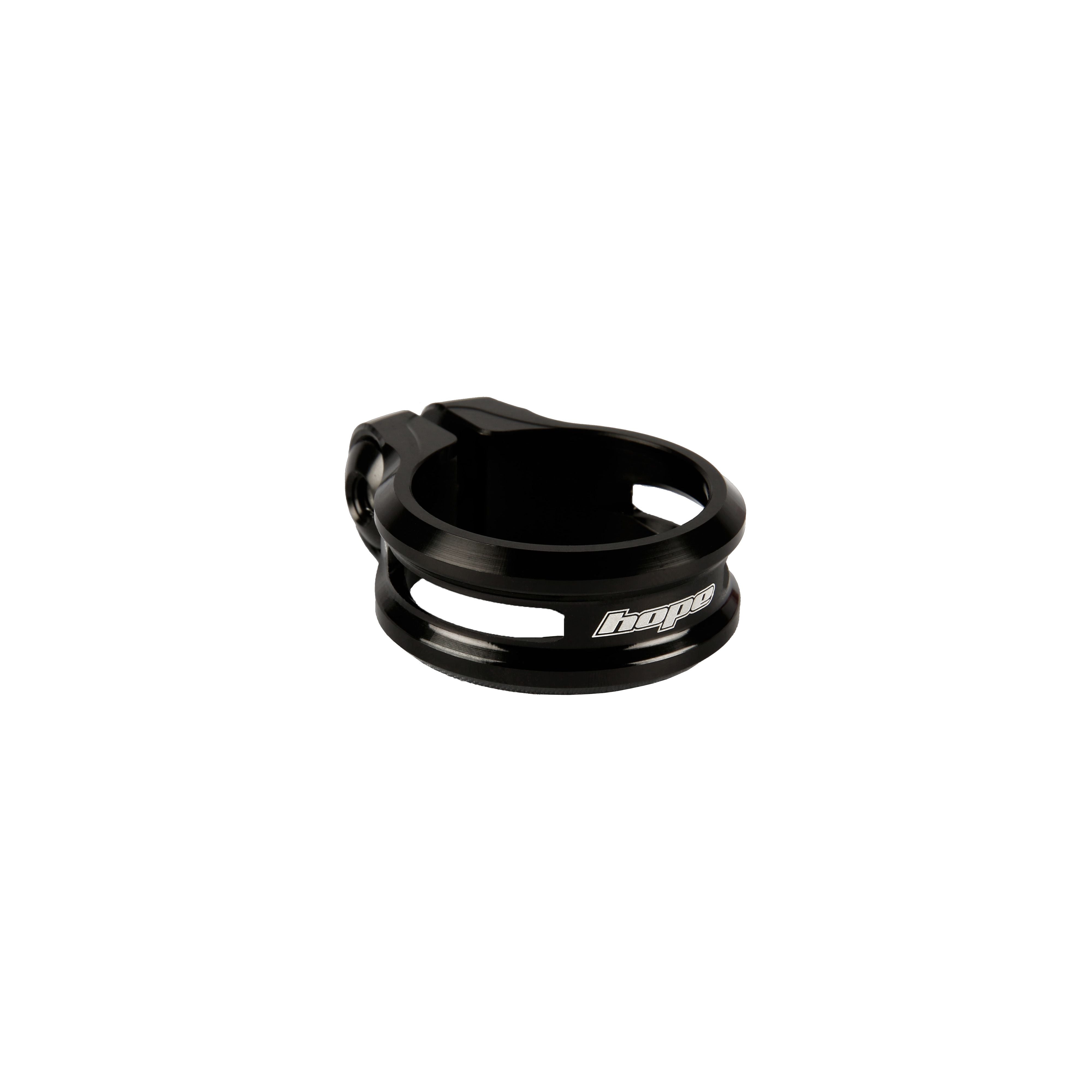 Hope seat clamp bolt, durable bike component, shown with metal bolt and clamp for securing bike seatposts.