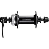 Shimano HB-QC300 front hub with 32H center lock mount and quick release in black, designed for bicycle wheel components.