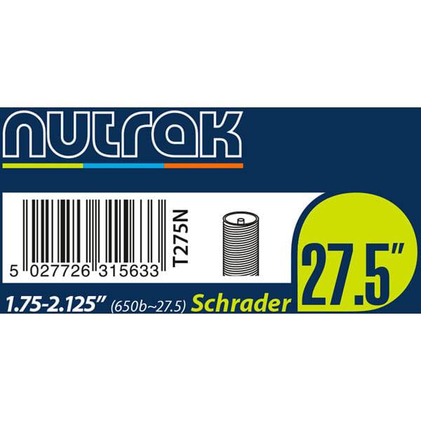 Nutrak 27.5-inch inner tube with Schrader valve for reliable cycling performance, showcasing the valve and tube material.