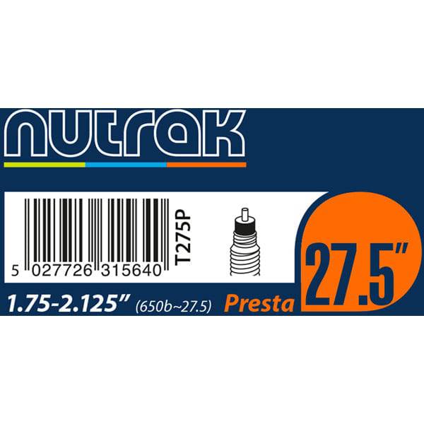 Nutrak 27.5-inch inner tube with Schrader valve for cycling, featuring durable components and reliable performance.