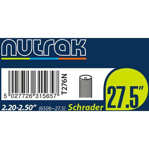 Nutrak 27.5-inch inner tube with Schrader valve for cycling, showcasing the rubber tube and valve for reliable bike performance.