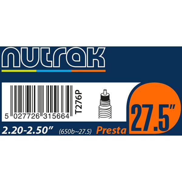 Nutrak 27.5-inch inner tube with Schrader valve for reliable cycling performance, designed for mountain and bike tires.