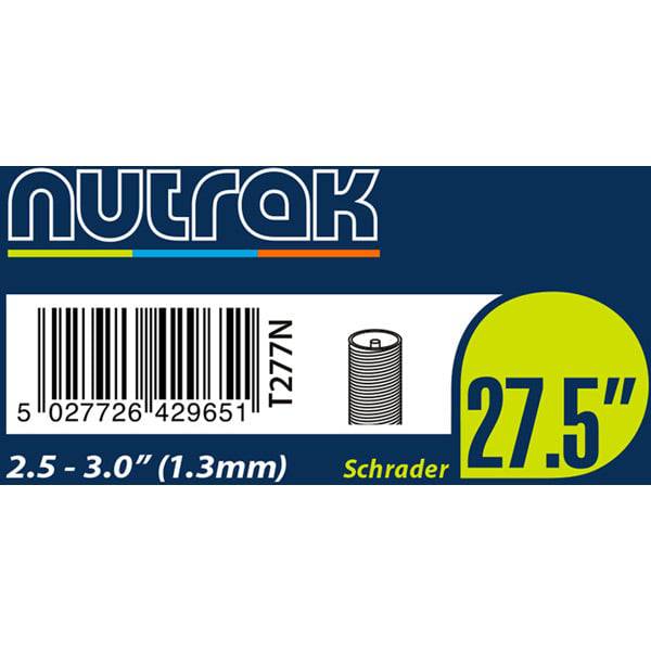 Nutrak 27.5-inch inner tube with Schrader valve for bicycles, designed for reliable cycling performance and compatibility with 650B wheels.