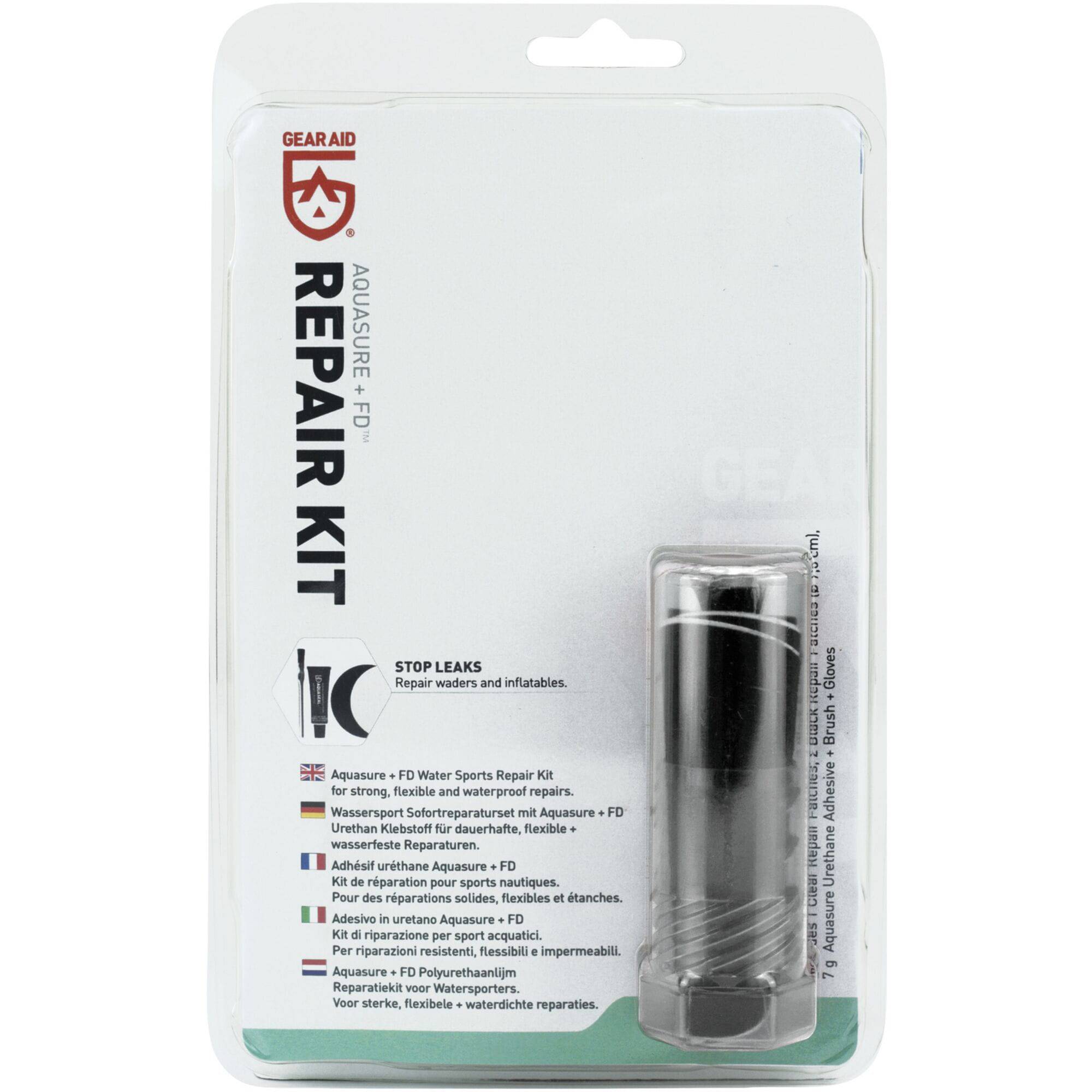 Gear Aid Aquasure Repair Kit with Tenacious Tape for outdoor gear clothing repairs, featuring tape and repair tools.
