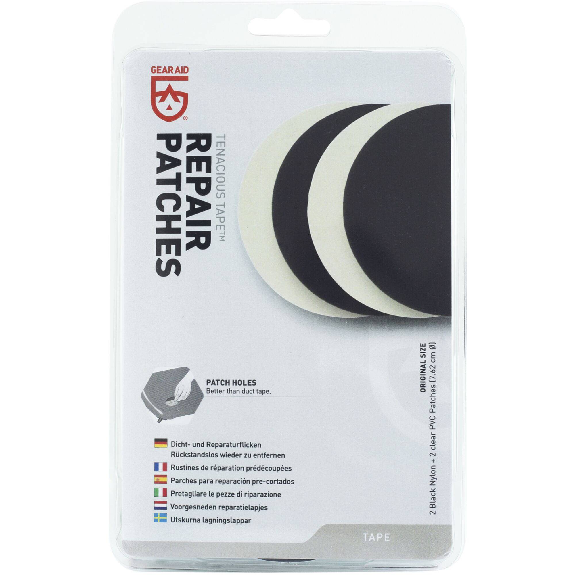 Gear Aid Tenacious Repair Patches for outdoor gear, waterproof fabric repair kit components, flexible patch sheets for gear repairs.