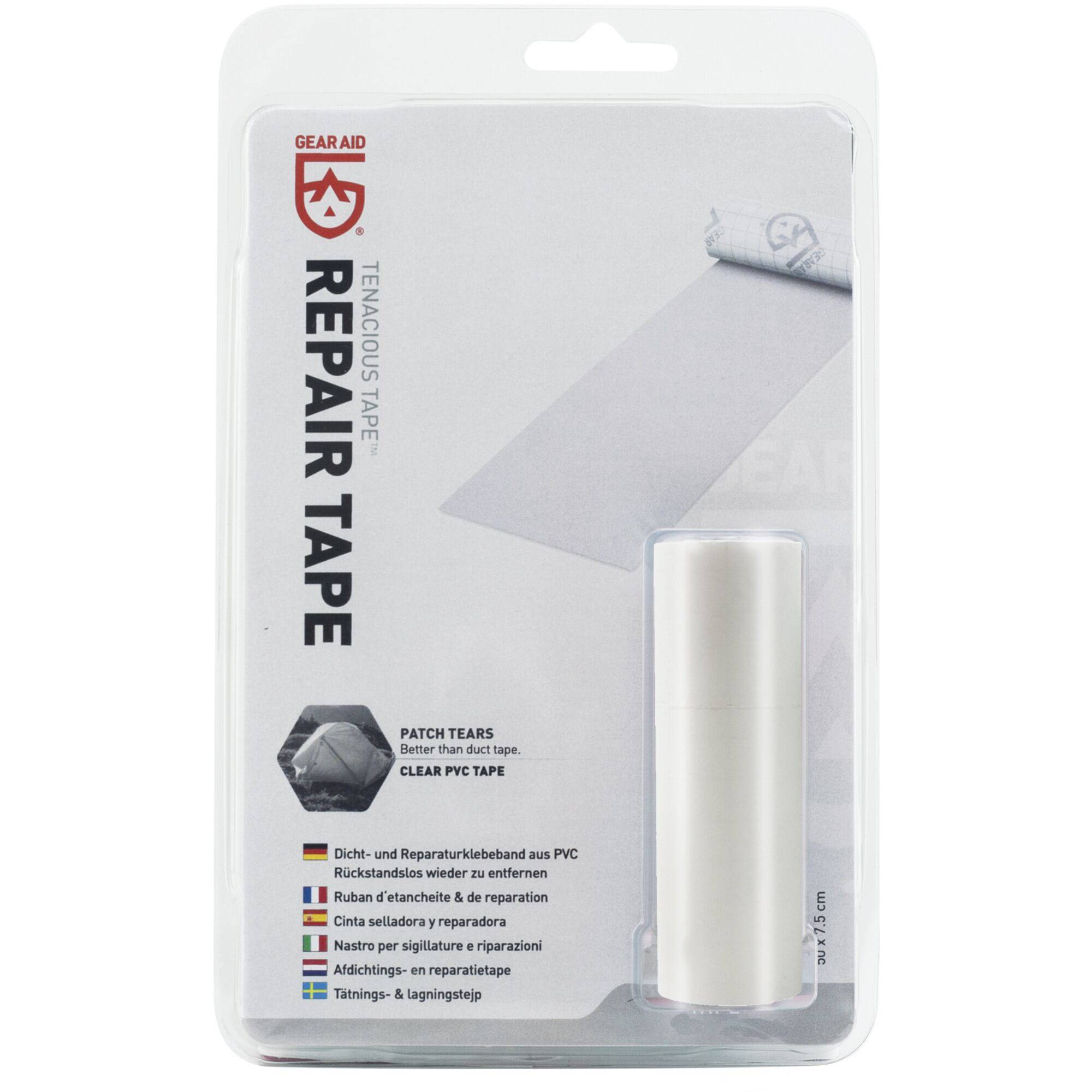 Clear PVC repair tape by Gear Aid, weatherproof outdoor gear patch tape, applied to a fabric surface for waterproof repairs.